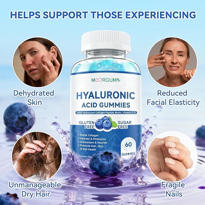 1000mg Hyaluronic Acid & Collagen Peptide Supplements with Biotin, Vitamins C & E - Hair Skin Nails Health Support for Men & Women, Blueberry Flavor, Gluten-Free 60 Gummies