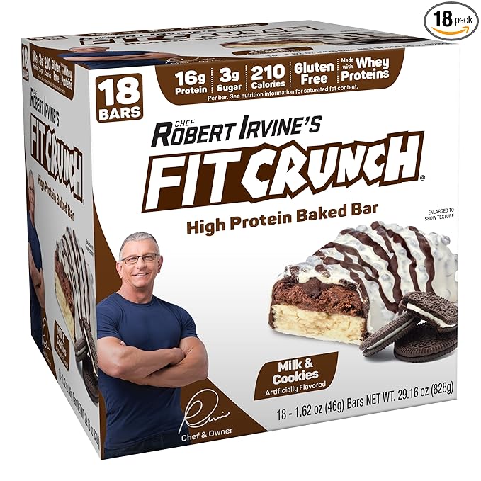 FITCRUNCH Snack Size Protein Bars, 6-Layer Baked Bar, 3g of Sugar & Soft Cake Core (18 Bars, Milk and Cookies)