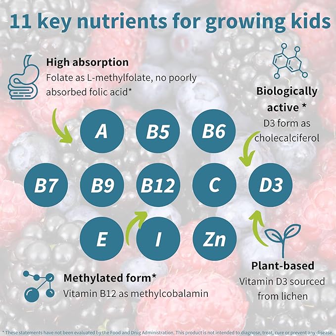 Igennus Methylated Kids Multivitamin Gummies, Clean Label & Third Party Tested, No Artificial Sweeteners or Flavors, Sugar Free, Age 4+, 90 Natural Berry Flavor from Fruit Powder, Non-GMO, Halal