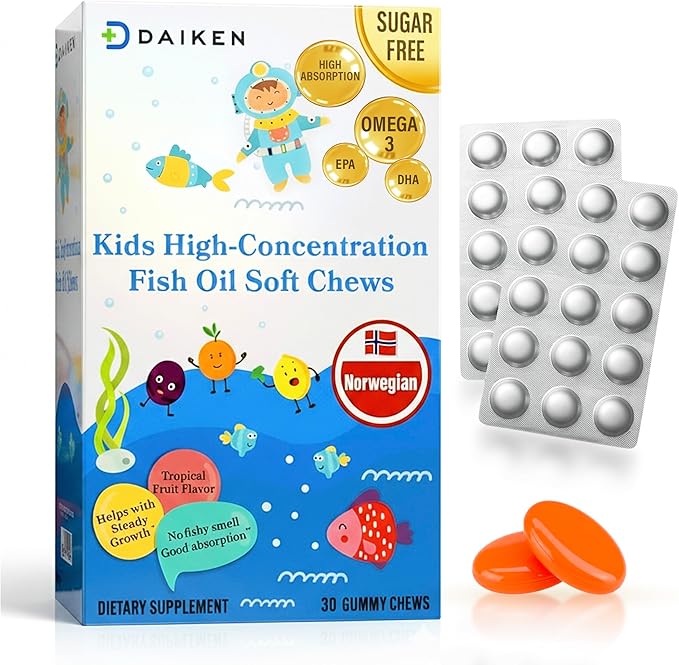 DAIKEN High Concentration Kids Fish Oil Omega-3 Gummies, No Sugar Added, Individually Wrapped, 300 mg Omega-3 (DHA & EPA) with Vitamin D3 for Kid, 30 Count, Tropical Fruit Flavor, Norwegian Sourced