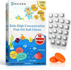 DAIKEN High Concentration Kids Fish Oil Omega-3 Gummies, No Sugar Added, Individually Wrapped, 300 mg Omega-3 (DHA & EPA) with Vitamin D3 for Kid, 30 Count, Tropical Fruit Flavor, Norwegian Sourced