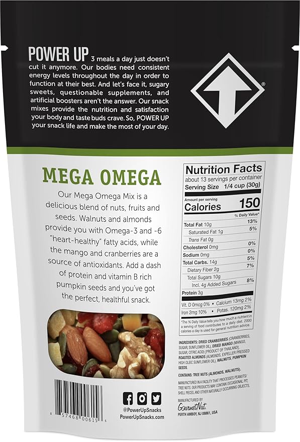 Power Up Trail Mix,Mega Omega Trail Mix,Non-GMO,Vegan,Gluten Free,No Artificial Ingredients,Gourmet Nut,14 Ounce Bag,(Pack of 4)