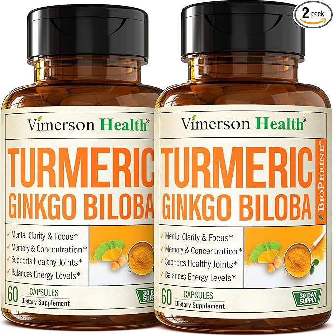 Ginkgo Biloba Supplement with Turmeric Curcumin and Black Pepper for High Absorption - Ginko Biloba Capsules with Curcuma for Focus, Memory Support, Joint & Brain Health - Non-GMO - 2pack