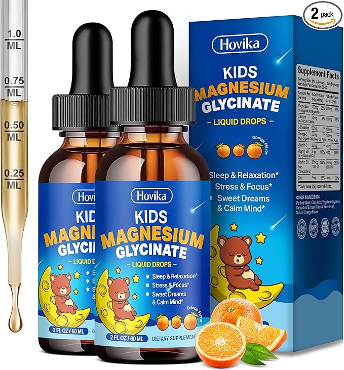 2 Pack Magnesium Glycinate Liquid for Kids - with L-Theanine Omega-3, Vitamin B6, D3, Zinc - Kids Magnesium Drops for Sleep, Relaxation, Calm & Focus - Orange Flavor