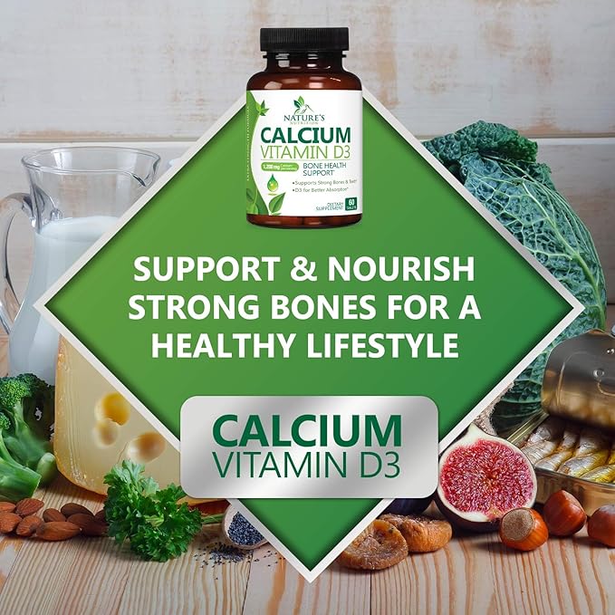 Calcium Supplement with Vitamin D3-1200 mg Calcium per Serving with D3 for Best Absorption - Supports Immune Health, Bones & Teeth - Nature's Calcium is Bottled in USA for Women & Men - 60 Tablets