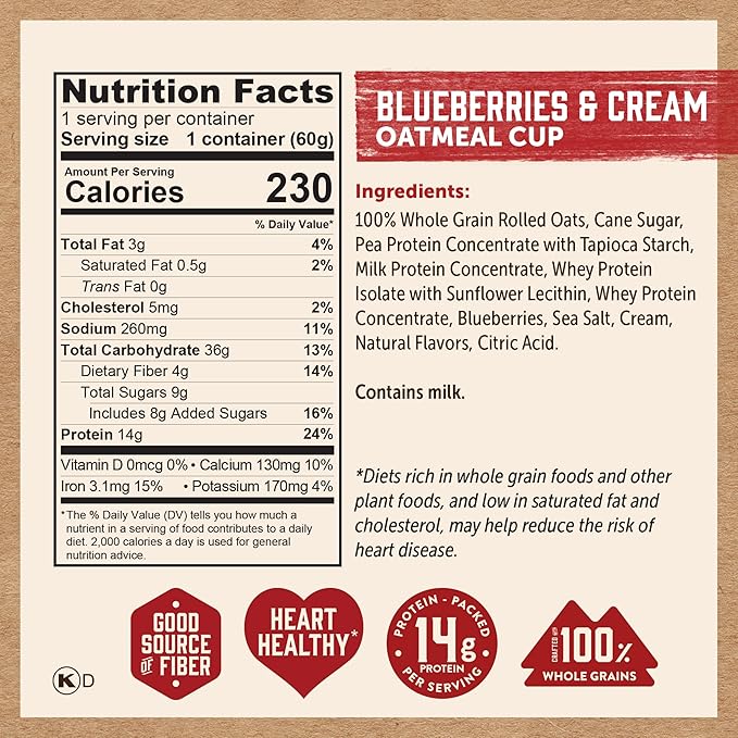 Kodiak Instant Oatmeal Cups, Blueberries & Cream, High Protein, 100% Whole Grains, (12 cups)