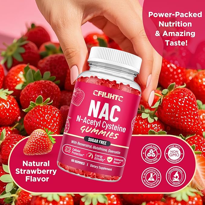 CFILIHTC NAC Gummies 600mg, N Acetyl Cysteine Supplement with Glutathione, Resveratrol, Magnesium, CoQ10, NAC Chewable for Antioxidants & Immune Support, Strawberry Flavor 60 Gummies