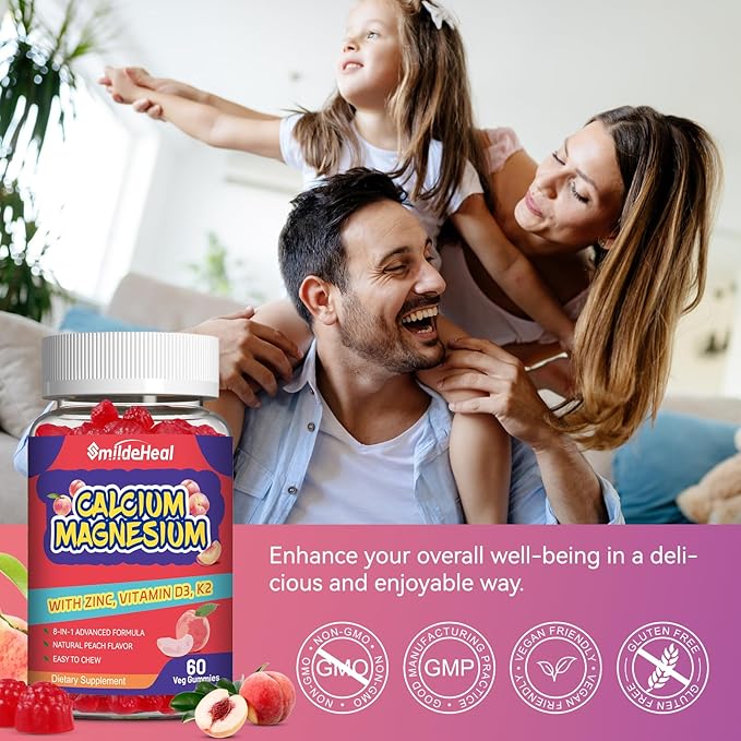 2 Pack Calcium Magnesium Gummies 600MG, Calcium Magnesium Zinc Gummies with Vitamin D3 - High Absorption Complex Calcium Supplement, Vegan, 120 Counts
