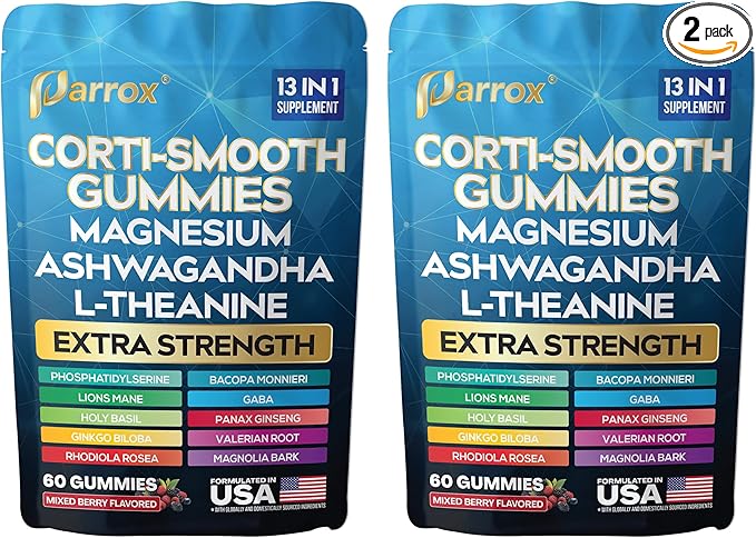 Corti-Smooth Cortisol Support Gummies with Magnesium, L-Theanine, Ashwagandha, Phosphatidylserine, Bacopa Monnieri, Lions Mane, Ginkgo Biloba, Valerian Root (Mixed Berry Flavor - 2 Pack)