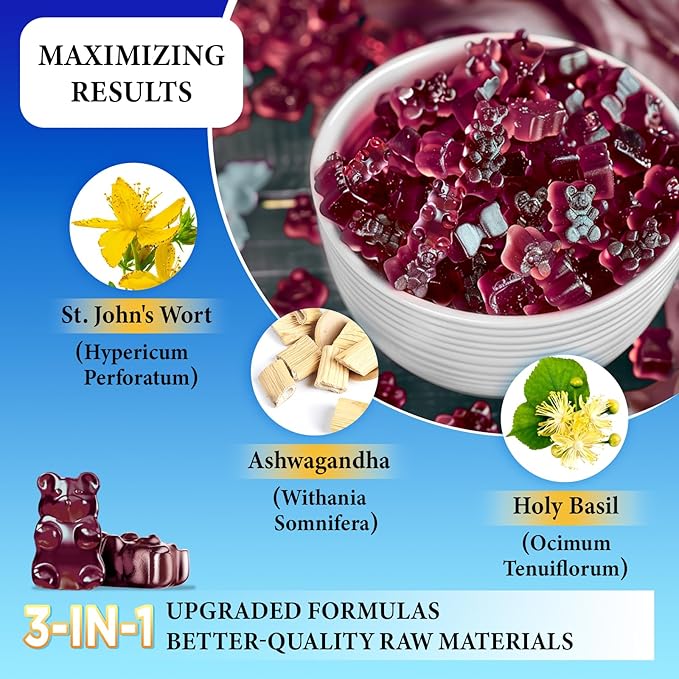 duwhot St John's Wort Gummies 600mg, 3 in 1 Organic Herbal Supplements for Stress Relief, Nervous System Support, with Ashwagandha & Holy Basil Extract for Adults & Kids, Non-GMO, Vegan, 60 ct.