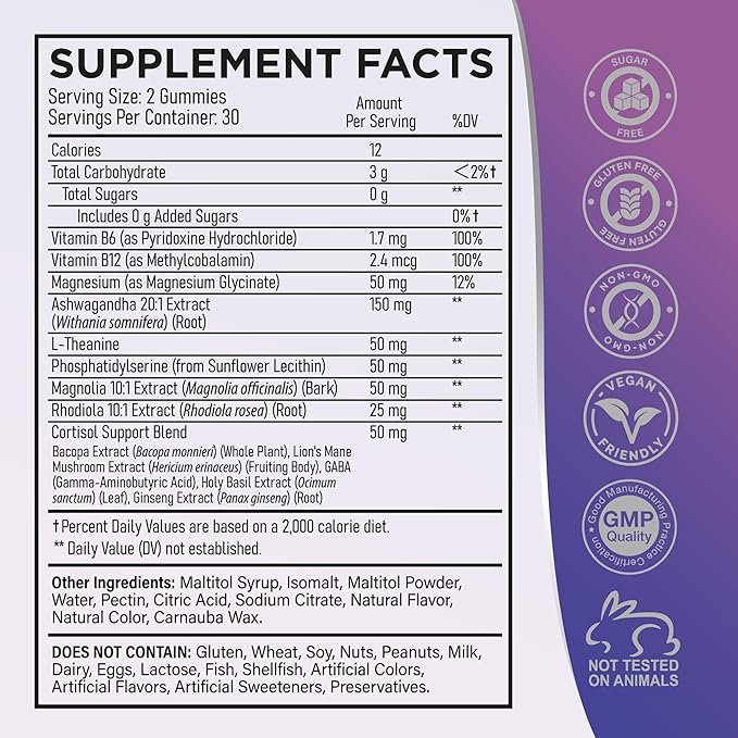 Cortisol Reducer Gummies for Women Men - 13-in-1 Daily Cortisol Detox Manager for Stress Focus Mood & Health Balance Support - Reduce High Cortisol with Ashwagandha Magnesium L-Theanine