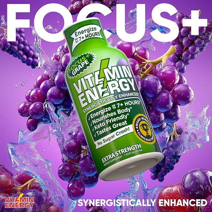Vitamin Energy Focus+ Extra Strength Energy Shot Grape 10 Pack, 260mg Natural Caffeine, B-Vitamins, CoQ10, Amino Acids, Focus, Productivity & Clarity, Zero Sugar, Gluten-Free, 1.93 fl oz