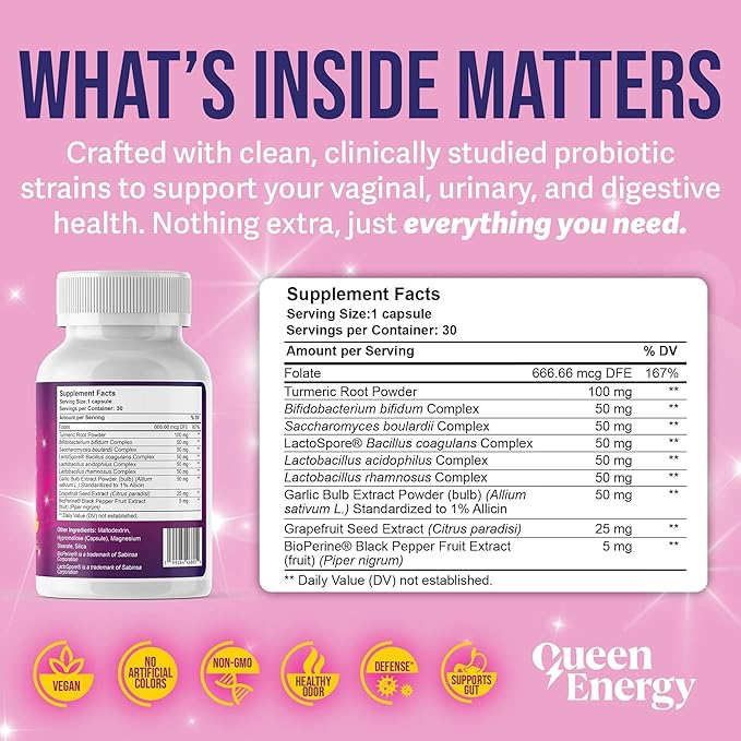 Queen Energy Vaginal Probiotic – Supports pH Balance, Odor Control & Digestive Health – 30 Capsules