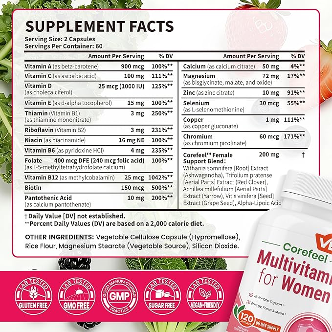 VEV Multivitamin for Women, Womens Vitamins with Vitamin A, C, D, E & B-Complex, Calcium, Magnesium, Zinc, 120 Capsules, 60-Day Supply – 12 Essential Vitamins & 6 Key Minerals for Daily Nutrition