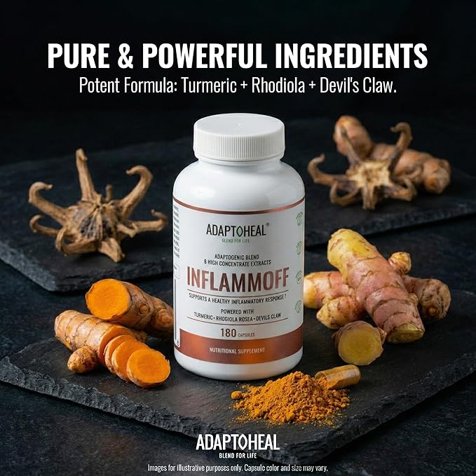 ADAPTOHEAL Inflammoff - Adaptogenic Supplement Designed to Support Joint, Muscle and Tissue Inflammation Naturally, 8 Highly Concentrated extracts with Turmeric and Rhodiola rosea (180 Capsules)