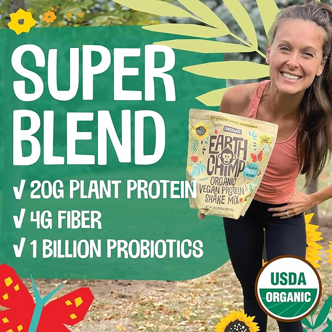 EarthChimp Organic Vegan Protein Powder - with Probiotics - Non GMO, Dairy Free, Non Whey, Plant Based Protein Powder for Women and Men, Gluten Free - 26 Servings 32 Oz (Chocolate) No Scoop