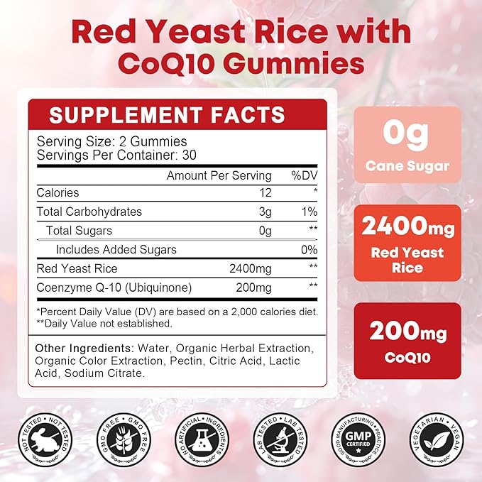 Red Yeast Rice with Coq10 Gummies, Red Yeast Rice 2400 mg with CoQ10 200 mg for Cholesterol Support, Heart Health Supplement, Sugar Free, Non-GMO, Vegan – 120 Counts