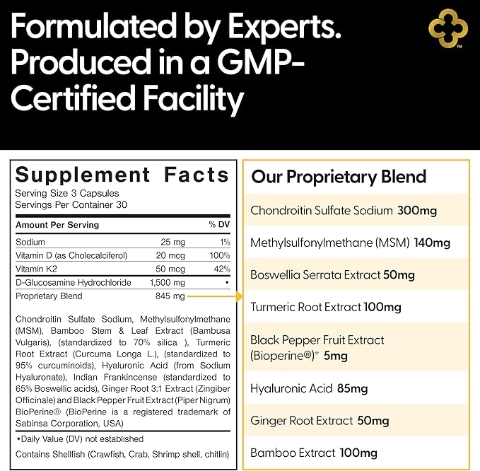Glucosamine Chondroitin MSM All-in-One Joint Support Supplement Turmeric, Hyaluronic Acid, Boswellia, Ginger Root, Bamboo, BioPerine, Black Pepper, Supports Joint Health & Flexibility 90 Count