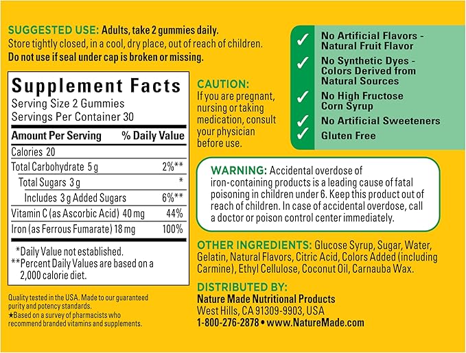 Nature Made Iron 18 mg per serving Gummies with Vitamin C, Iron Supplement for Red Blood Cell Support, 60 Gummies, 30 Day Supply