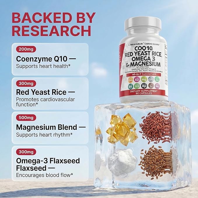 Clean Nutraceuticals COQ10 200mg Red Yeast Rice Omega 3 Magnesium Complex 500mg Niacin Zinc Vitamin K2 D3 - Heart Support Vitamins for Women & Men w/Vitamin B3, Coenzyme Q10-60 Ct