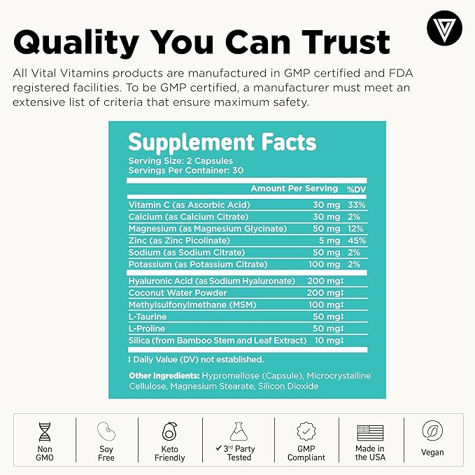 Vital Vitamins Hyaluronic Acid Supplement Hydration Complex - with Hyaluronic Acid, MSM, Vitamin C, Coconut Water Powder, & Silica - Skin Hydration Supplements - Non-GMO - 60 Capsules, 30 Servings