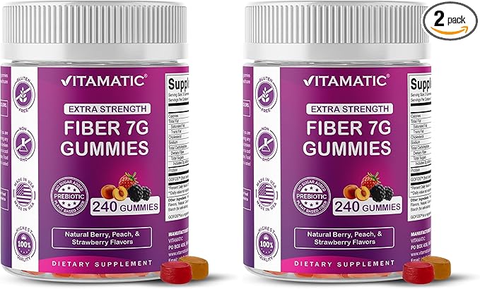 Vitamatic Prebiotic Fiber Gummies for Adults, 7G Extra Strength, Zero Sugar Added, 240 Pectin Based Gummies, Digestive Health & Regularity Support (Pack of 2)