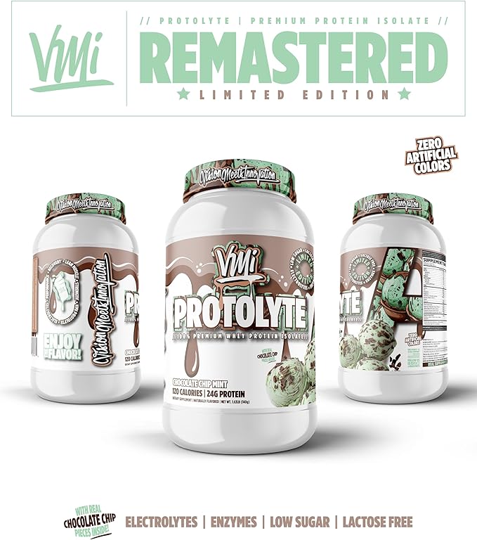 VMI Sports Protolyte 100% Whey Protein Isolate | Electrolytes Plus Enzymes | 22-25 Grams per Serving | Lactose and Gluten Free, Low Fat, Carbs & Sugar (4.6 lb, Mint Chocolate Chip)