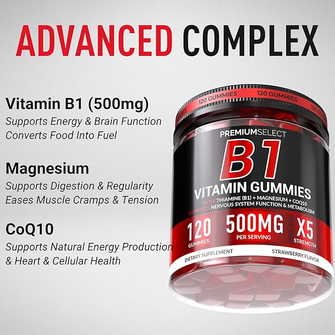 Vitamin B1 Gummies – Sugar-Free Thiamine Supplement with CoQ10 & Magnesium – B1 Gummies for Adults – 120 Gummy Supplement, 2-Month Supply
