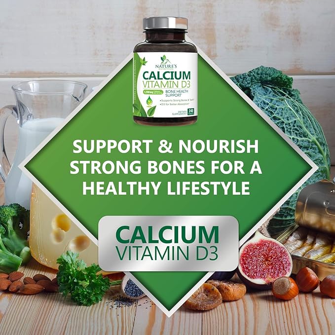 Calcium Supplement with Vitamin D3-1200 mg Calcium per Serving with D3 for Best Absorption - Supports Immune Health, Bones & Teeth - Nature's Calcium is Bottled in USA for Women & Men - 240 Tablets