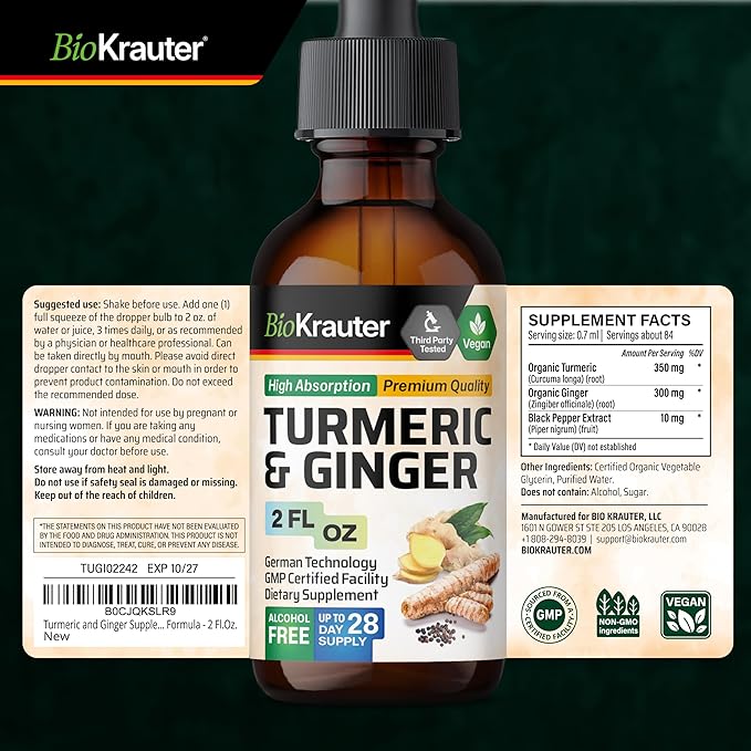 BIO KRAUTER® Turmeric and Ginger Supplement - Pure Vegan Liquid Turmeric & Ginger Tincture with Pepper 2 Fl.Oz 28 Days of Supply - Curcumin Drops for Joint Support, Antioxidant & Immune Support