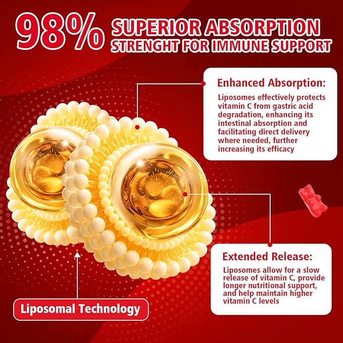 Liposomal Vitamin C 1000mg Gummies for Adults, Vitamin C Chewable with Iron, Zinc & Elderberry for Immune Support & Energy, Sugar Free, RaspberryFlavor, 60 Count