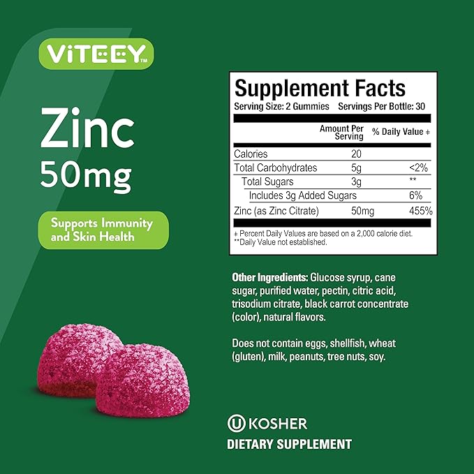 VITEEY Zinc Gummies for Men and Women - Zinc Supplements 50mg - Immune Boost & Skin Health - Vegan, Gluten Free - 120 Count