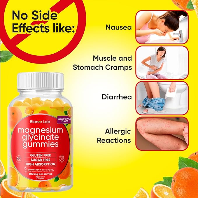 BionerLab Magnesium Glycinate Chewable Gummies (600mg) for Kids & Adults Women Men - Vegan Complex with Calcium Potassium Vitamin D B6 L-Theanine - Sugar & Gluten Free - Orange Flavor