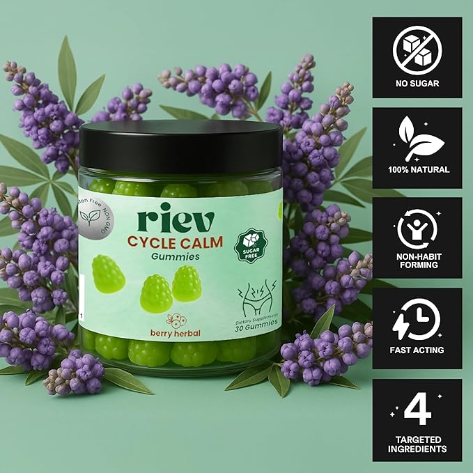 riev Cycle Calm Gummies – Berry Herbal Flavor – Sugar-Free – Hormonal Balance & Mood Support for Women – Supports Focus & Emotional Wellness – Vegan, Non-GMO – 30 Gummies