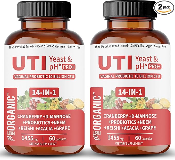 UTI Yeast & pH Pro+ | Pack of 2 | Daily Feminine Hydration & Balance Support with Cranberry, D-Manose, Aloe, Hibiscus | Third-Party Tested, cGMP Facility, Vegan, Gluten-Free | 60+60 Caps
