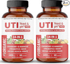 UTI Yeast & pH Pro+ | Pack of 2 | Daily Feminine Hydration & Balance Support with Cranberry, D-Manose, Aloe, Hibiscus | Third-Party Tested, cGMP Facility, Vegan, Gluten-Free | 60+60 Caps