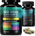 Sea Moss Black Seed Oil Ashwagandha Ginger Capsules, Seamoss Capsules Supplement with Bladderwrack Burdock & Vitamin C Vitamin D3 for Women & Men-Enhanced Immunity,60 Counts