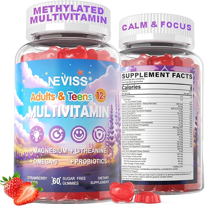 Teen Vitamins Methylated Multivitamin Gummies for Boys Girls 12-17 w/ Magnesium Glycinate, Omega-3, L-Theanine for Teens Kids Calm & Focus Gummies Supplement, 23-IN-1 Formula, Sugar Free, 120 ct
