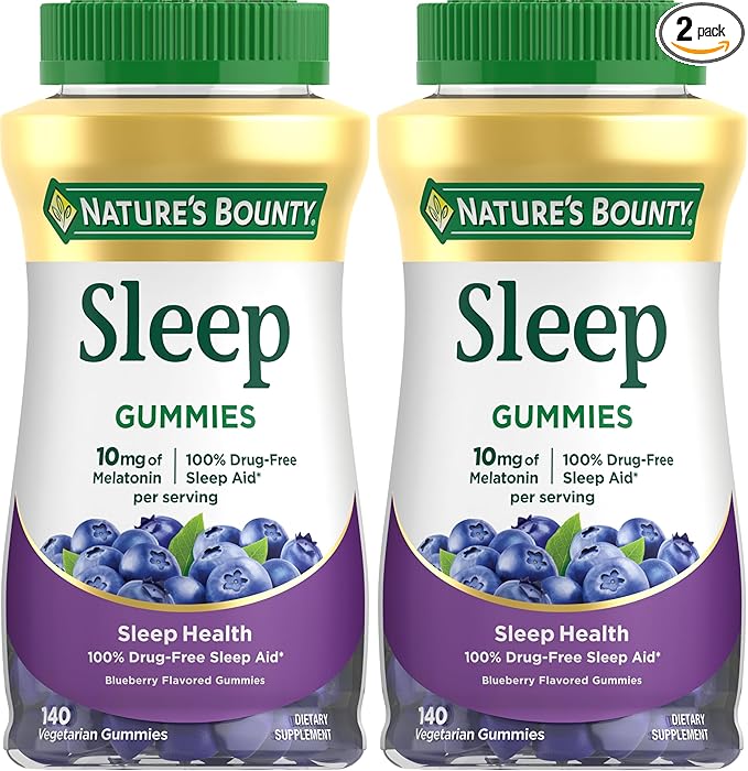 Nature's Bounty 10 mg Melatonin Gummy, 100% Drug Free Sleep Supplement, 10 mg, Blueberry, 140 Ct (Pack of 2)
