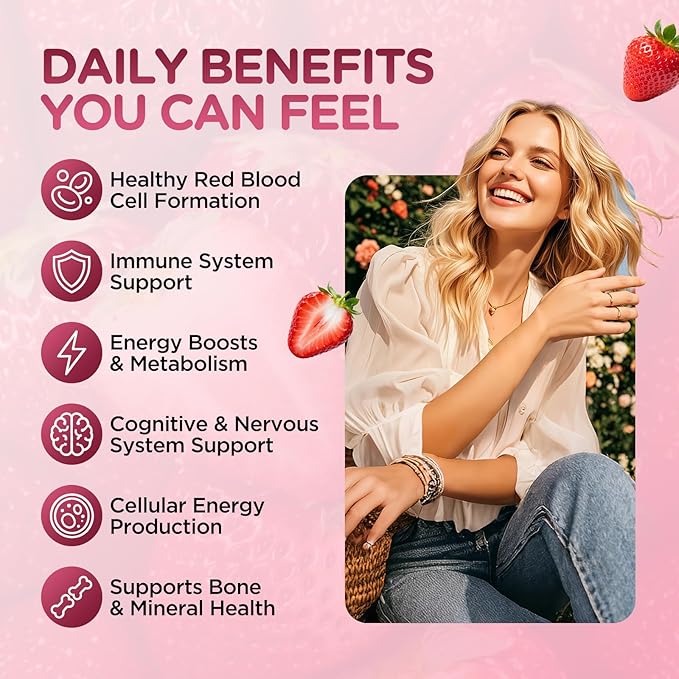 Iron Gummies for Women, Triple Iron Supplement with Multivitamin Iron Gummies with Vitamin C, A, B, Folate, Copper, Zinc for Energy & Blood Support, Immune Health, Vegan, Strawberry Flavor, 60 Counts