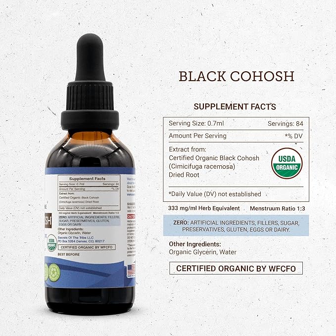 Secrets of the Tribe Black Cohosh USDA Organic | Alcohol-Free Extract, High-Potency Herbal Drops | Made from 100% Certified Organic Black Cohosh (Cimicifuga Racemosa) Dried Root 2 oz