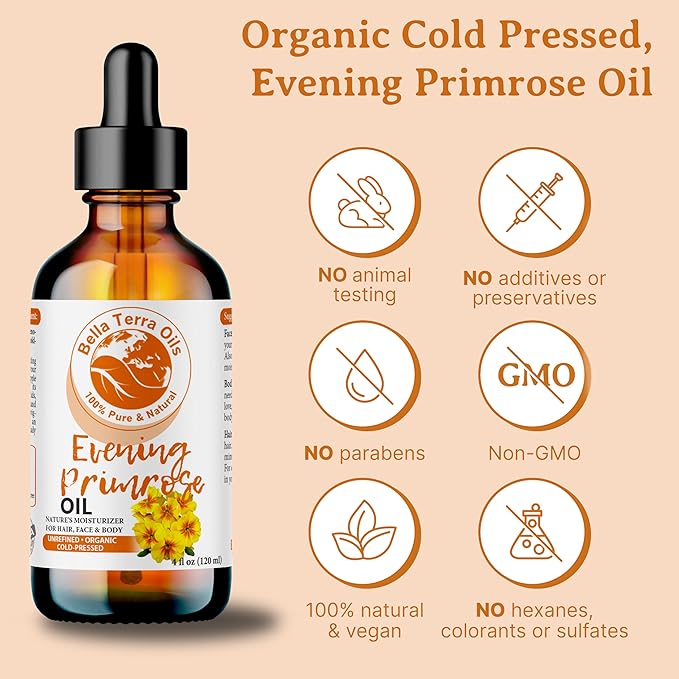 Bella Terra Oils - Organic Evening Primrose Oil 8 oz - Pure Primrose Extract, Enriched with GLA & Antioxidants, Perfect for Skin & Hair Nourishment