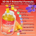 Saffron Gummies for Adult Kids, 10-IN-1 Saffron Supplements with Saffron Extract 88.5 mg, Vitamin D3, B6, B12, L-Theanine, St. John's Wort, Ashwagandha for Mood, Focus, Calm, Melatonin-Free, 120 Count