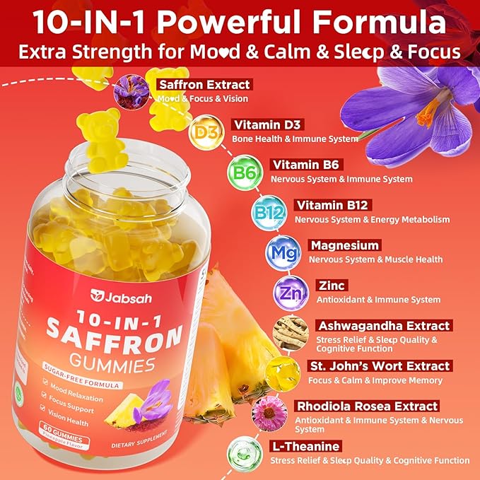 Saffron Gummies for Adult Kids, 10-IN-1 Saffron Supplements with Saffron Extract 88.5 mg, Vitamin D3, B6, B12, L-Theanine, St. John's Wort, Ashwagandha for Mood, Focus, Calm, Melatonin-Free, 120 Count