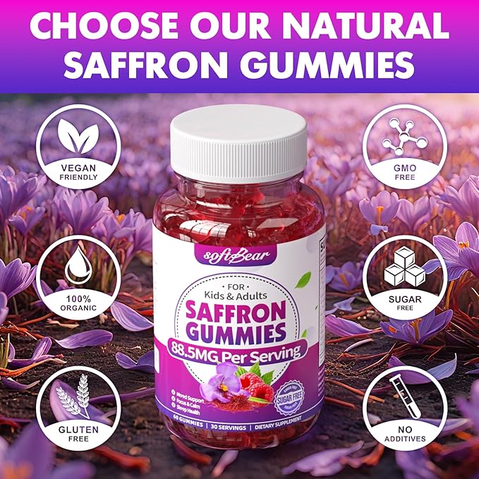 softbear Saffron Gummies for Kids & Adults, 10-in-1 Organic Saffron Supplements with 88.5mg Saffron Extract Support Calm Mind & Focus & Zzz, Sugar Free/Non-GMO, Raspberry Flavor 120 Count