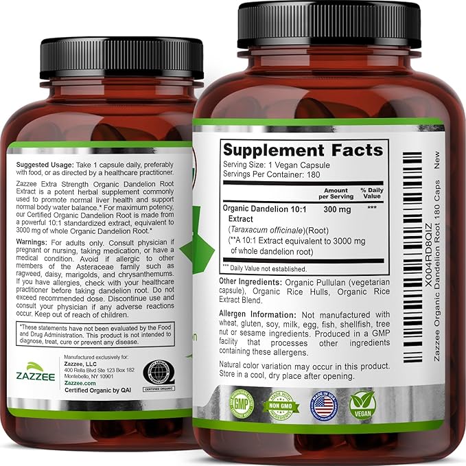 Zazzee USDA Organic Dandelion Root 10:1 Extract, 180 Capsules, 6 Month Supply, Liver & Detox Support, Taraxacum Officinale, Organic Herbal Supplement, All-Natural, Non-GMO, Made in the USA