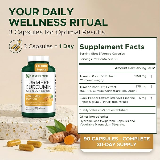 Nature's Push Turmeric Curcumin Super Potent 30:1 Extract 375mg 90% Curcuminoids, 1,350mg Turmeric Root 10:1 Plus Black Pepper for Healthy Inflammation Support Non-GMO Gluten Free Vegan USA 90 Caps