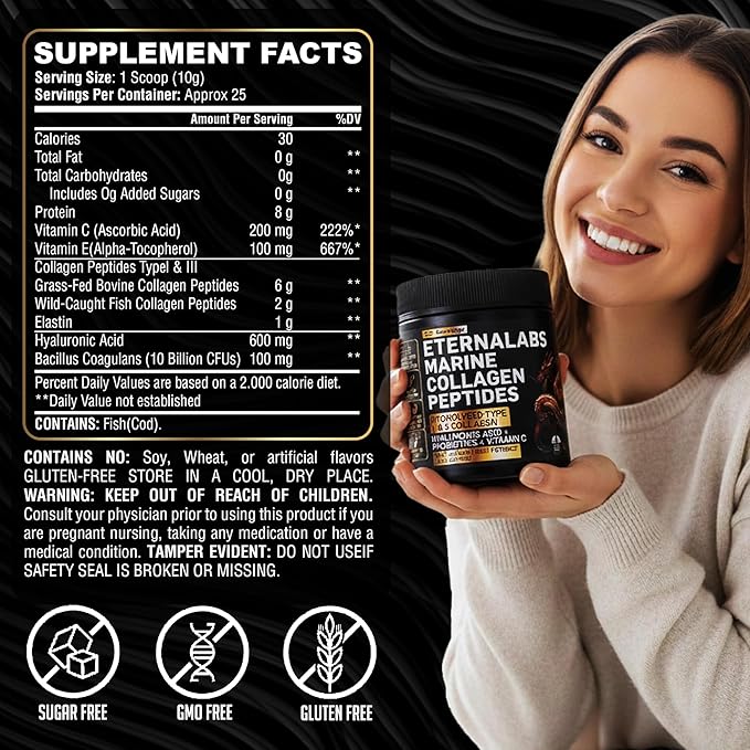Collagen Peptides Powder for Women & Men 250g | Hydrolyzed Collagen Type I & III with Hyaluronic Acid & Vitamin C Supports Hair, Skin, Nails, Bones & Joints | Gluten-Free | Unflavored 250g