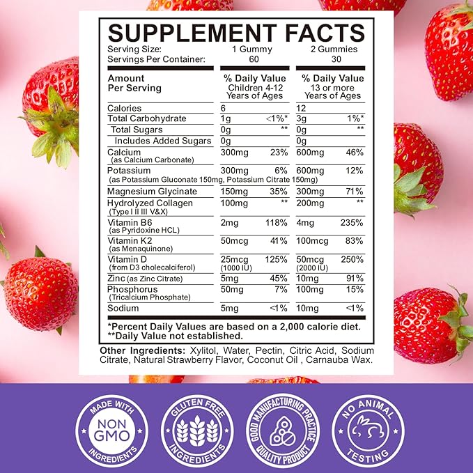 Calcium Potassium Magnesium Gummies for Kids & Adults, with Hydrolyzed Collagen, Zinc, Phosphorus, Multivitamin for Sleep, Bone Strength, Density Support, Sugar Free, Strawberry Flavor 60 Gummies