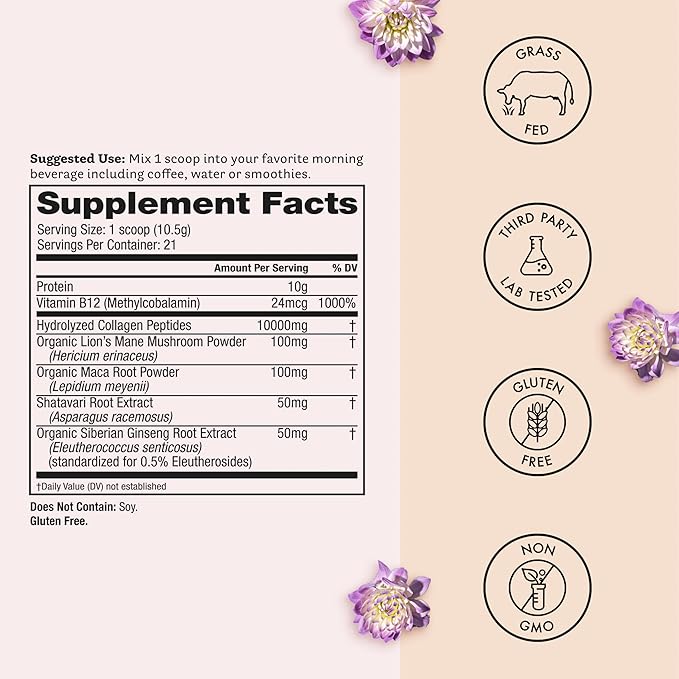 Winged Wellness Glow Up AM, Collagen Powder for Women - Morning Beauty Supplement for Glowing Skin with Grass-Fed Hydrolyzed Collagen Peptides, Lion's Mane & Shatavari - 21 Servings, Unflavored